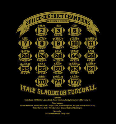 Image: The back design of the Gladiator Football playoff T-Shirts. Features the Italy Gladiator football players with their jersey numbers inside footballs.