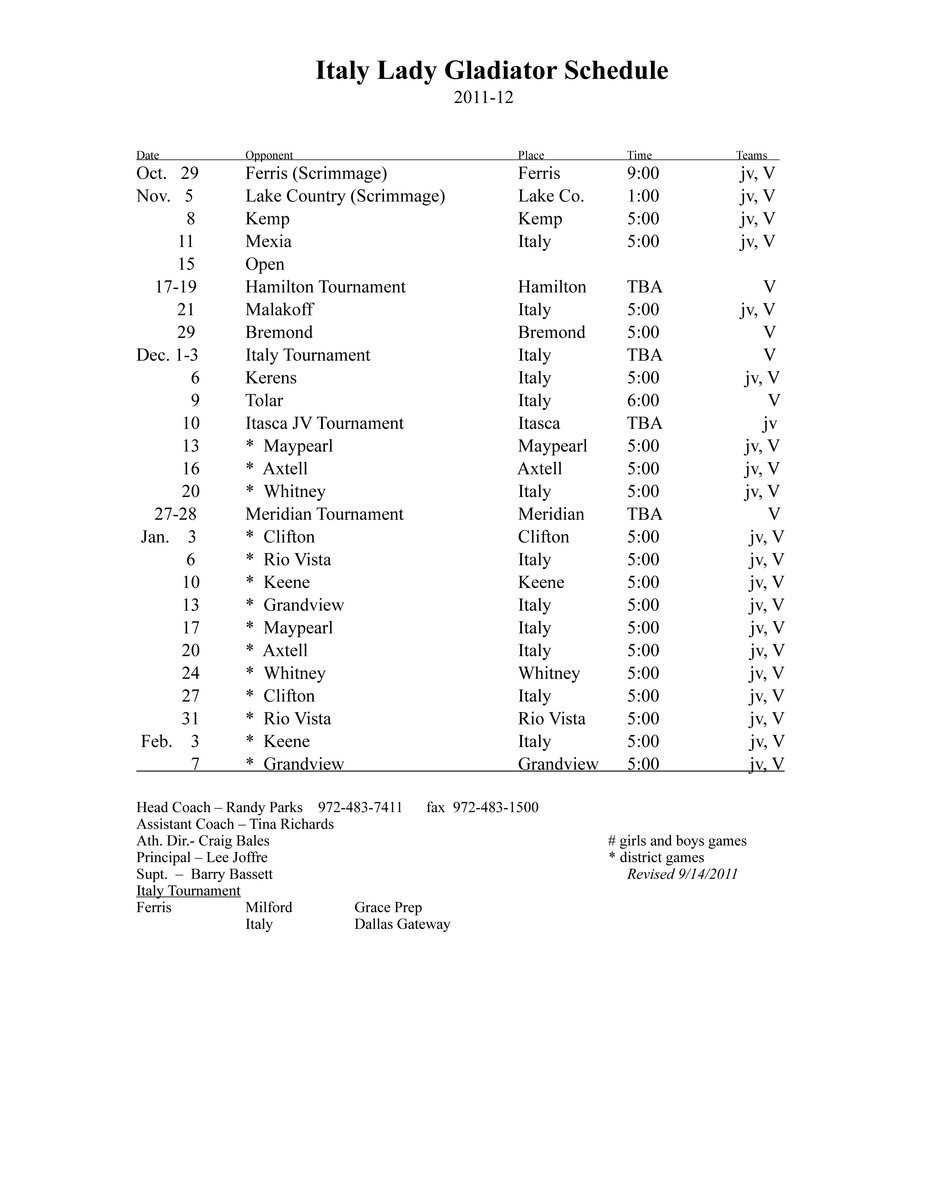 Image: 2011-2012 Lady Gladiator Basketball Varsity/JV Schedule