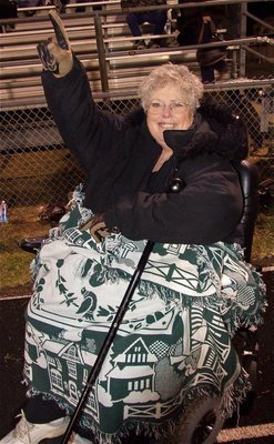 Image: Jody Pate Cooley, proud grandmother of Gladiator, Brandon Souder(63), wasn’t about to miss the game in Centerville. Go Italy!