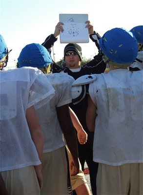 Image: Assistant coach Josh Ward displays a formation to the mock offense.