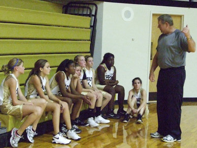 Image: Coach Randy Parks talks to the 7th grade at half time.