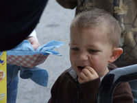 Image: Wyatt is enjoying pickles served on Main Street at the annual Christmas Festival and parade.