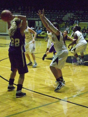 Image: 
    	Alyssa Richards won’t give any space to Tolar’s #22 Frazier.
    