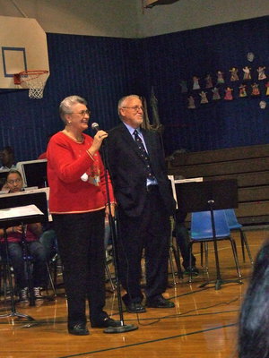Image: Principal Marilee Byrne and Mike Trussell. Mrs. Byrnes is telling everyone what a great job the students did.