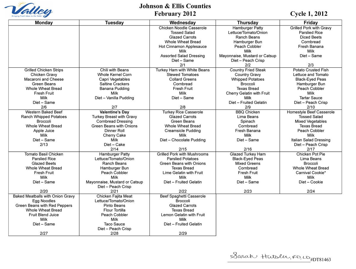 Image: February 2012 Meal Calendar