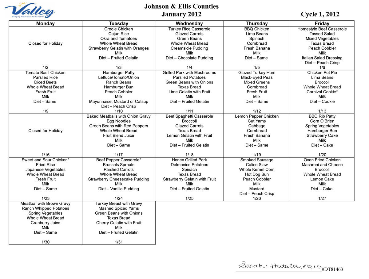 Image: January 2012 Meal Calendar