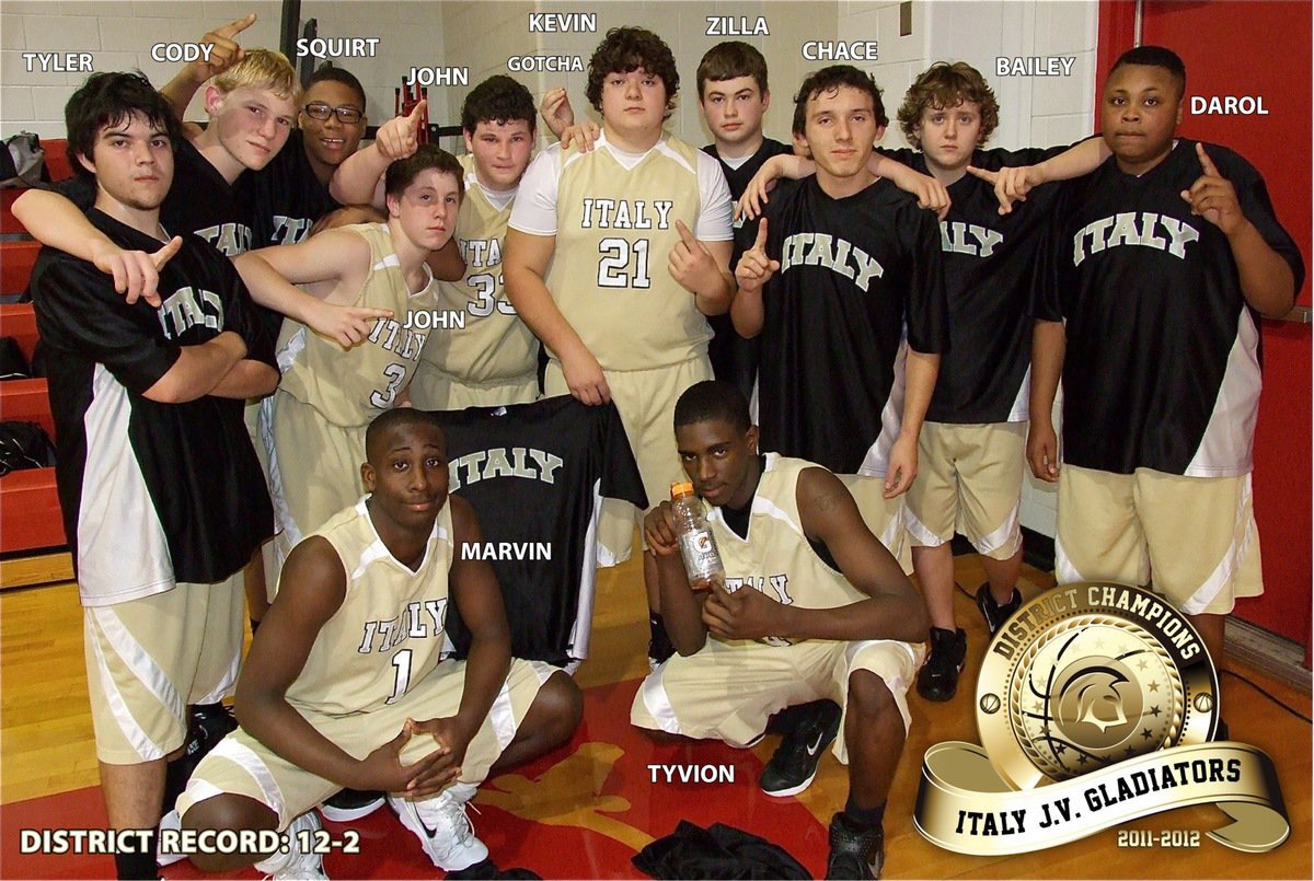 Image: The 2011-2012 Italy JV Gladiators band together to seal the district championship. (Backrow L to R) Tyler Anderson, Cody Boyd, John Hughes, John Escamilla, John Byers, Kevin Roldan, Zain Byers, Chace McGinnis, Bailey Walton an Darol Mayberry. (Bottom row) Marvin Cox and Tyvion Copeland.