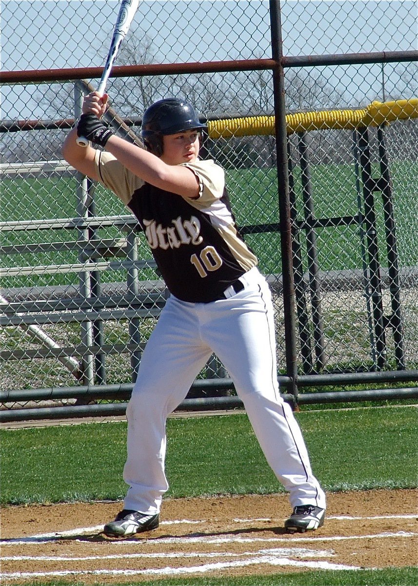 Image: Zain Byers(10) settles into the batter’s box for Italy’s JV Gladiators.