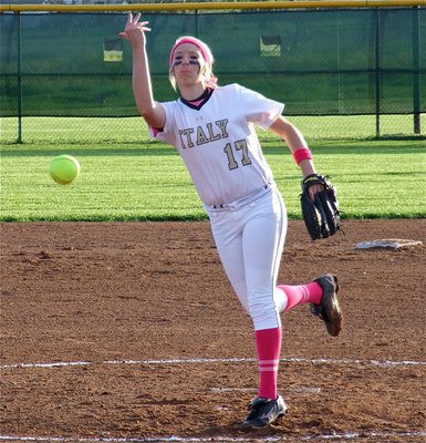 Image: Lady Gladiator pitcher Megan Richards does her part to “Strikeout Cancer” during the pink-out game.