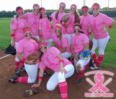 Image: The Italy Lady Gladiator Softball Team hosted Pink-out Wednesday night to help “Strikeout Cancer” with Italy defeating Maypearl 4-0. *Back row*: Bailey DeBorde, Bailey Bumpus, Bailey Eubank, Madison Washington, Kelsey Nelson, Alma Suaste and Paige Westbrook. Front row: Katie Byers, Jaclynn Lewis, Megan Richards and Alyssa Richards.