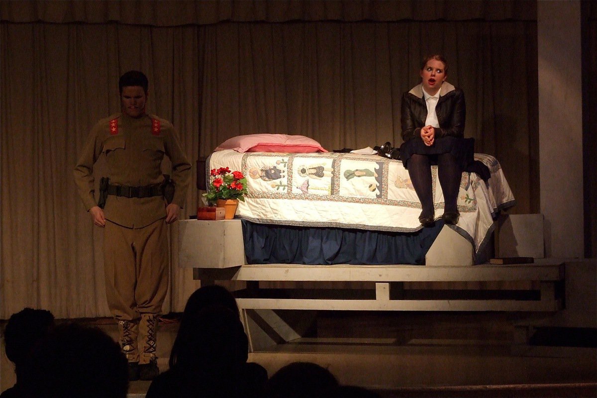 Image: The ghost of Captain Kuroda, portrayed by Gus Allen, stands at attention while Kamikaze Kate, portrayed by Tia Russell, speaks her mind during the IHS Drama Club’s live performance of Kamikaze Kate (and the sword of Captain Kuroda.)