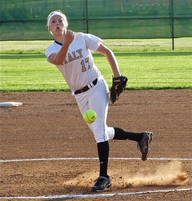 Image: Megan Richards(17) starts strong against Clifton and pitches 6 1/3 innings during the Lady Gladiator 7-6 win. Richards would later knock in the game winning run in the bottom of the thirteenth-inning.