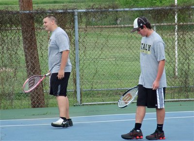 Image: Doubles partners, Kelton Bales and Kyle Fortenberry, combine their different tennis styles for a balanced attack.