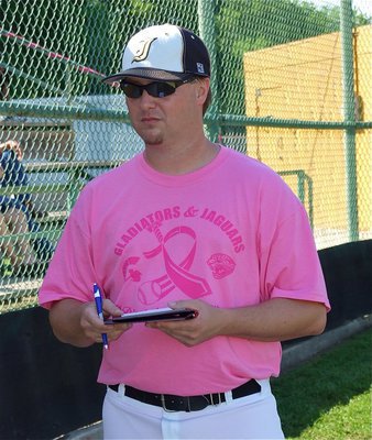 Image: Italy Baseball head coach, Josh Ward, prepares the batting order for the JV game.
