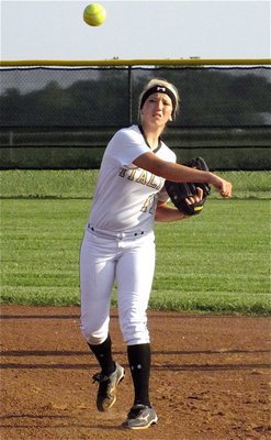 Image: Lady Gladiator senior pitcher, Megan Richards(17) is ready for the knock-down-tag-out between Italy and Grandview.