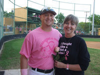 Image: Coach Josh Ward and mom, Rhonda, smile for the camera during Pink Night at the ballfield.