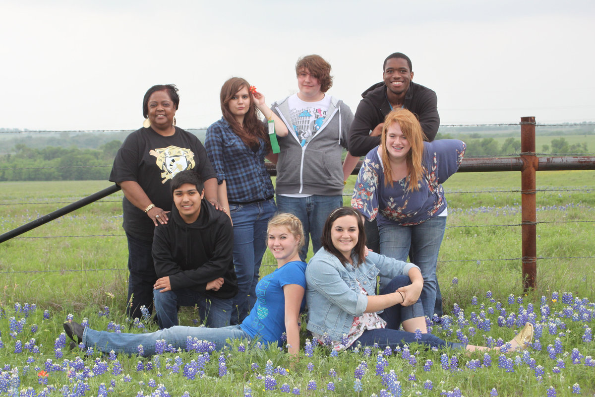 Image: Photo op with the bluebonnets
    (L-R) Top Row: Ms. Vivian Moreland, Devan Payne, Trevor Davis, Paul Harris
    Middle Row: Cruz Enriquez, Emily Stiles
    Bottom Row: Taylor Turner, Kaytlyn Bales