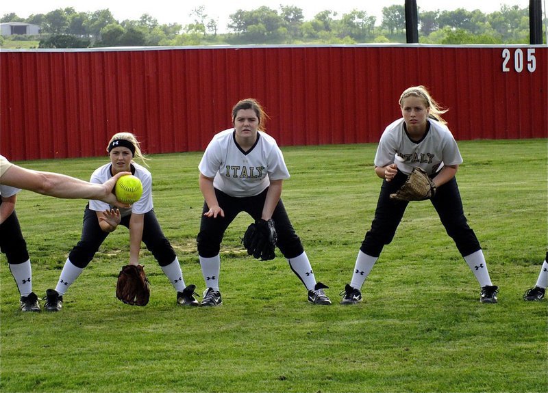 Image: Lady Gladiators, Kelsey Nelson, Bailey DeBorde and Madison Washington are trained to attack that yellow ball.