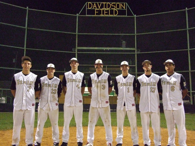 Image: Seven seniors gathered at homeplate on Tuesday night to celebrate their season and the end of an era.
    (L-R) Kyle Jackson, Justin Buchanan, Alex DeMoss, Jase Holden, Ross Stiles, Brandon Souder and Omar Estrada.