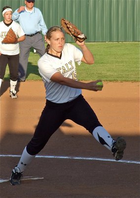 Image: Freshman pitcher, Jaclynn Lewis steps in for Lady Gladiator head coach, Jennifer Reeves.