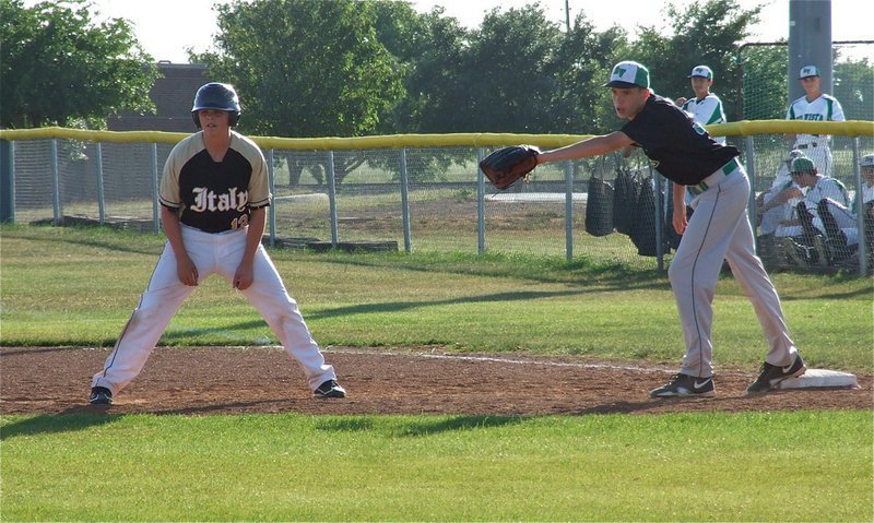 Image: Tyler Crawley(13) gets a lead off the first base bag.