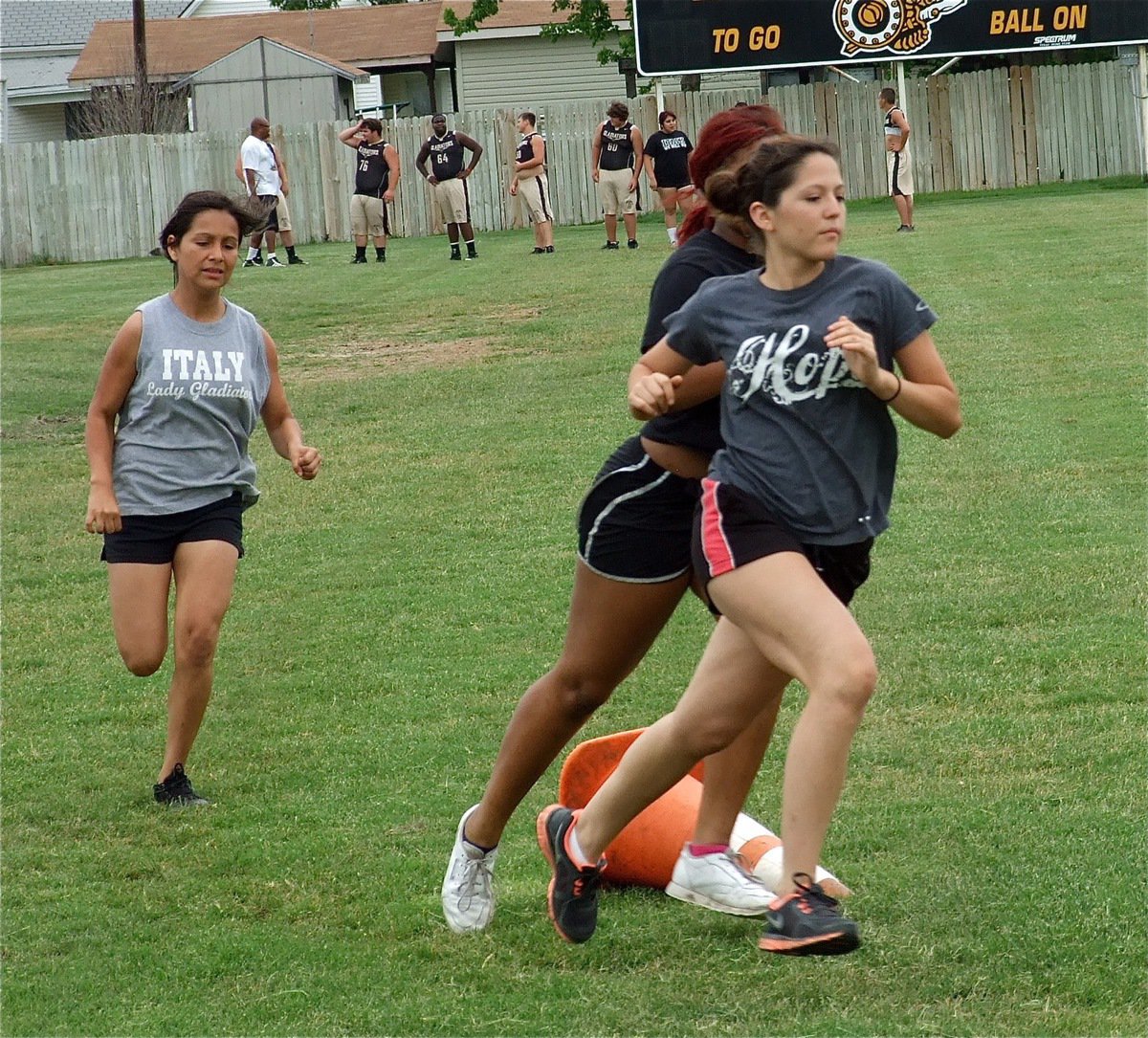 Image: Paola Mata, Ashley Harper and Laura Luna make a push for Lady Gladiator glory.