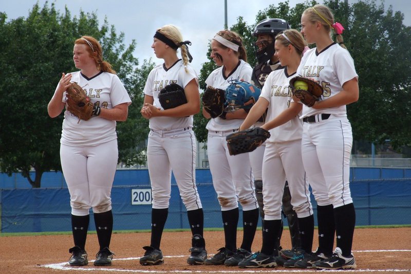 Image: Lady Gladiator infielders Katie Byers, Megan Richards, Bailey Bumpus, Alyssa Richards, Bailey Eubank and Jaclynn Lewis check out their Crawford competition during introductions.