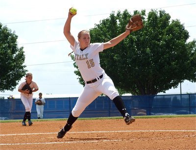 Image: Going for it is Lady Gladiator pitcher, Jaclynn Lewis(15).