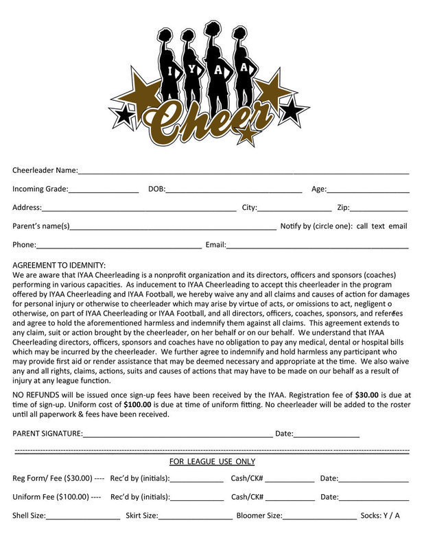 Image: 2012 IYAA Cheerleading Signup Form — For a full size rendering of the signup form please click the image twice to make sure it is at its largest state before printing.