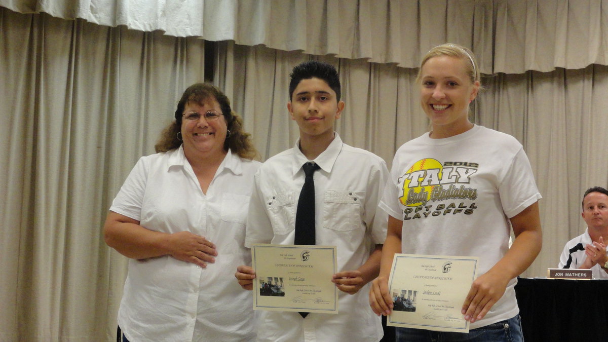 Image: Italy High School art students recognized for their achievements in local and state wide art shows.
    (L-R) Marilyn Seidlitz, art teacher, Joseph Sage, Jaclynn Lewis