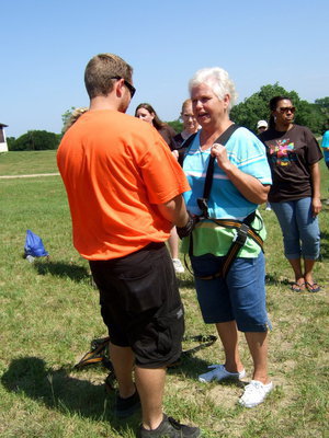 Image: Annette Hooser long time resident of Italy is getting suited up to take a ride on the zip.