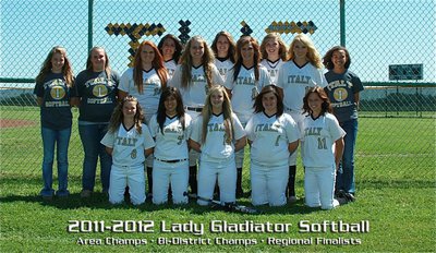 Image: 2011-2012 Lady Gladiator Softball:
    Team members pitching in along the way were, Top row: Britney Chambers (Manager), Drenda Burk (Manager), Katie Byers, Alyssa Richards, Madison Washington, Paige Westbrook, Bailey Bumpus, Jaclynn Lewis, Megan Richards and April Lusk (Manager). *Bottom row*: Tara Wallis, Alma Suaste, Kelsey Nelson, Bailey DeBorde and Bailey Eubank.