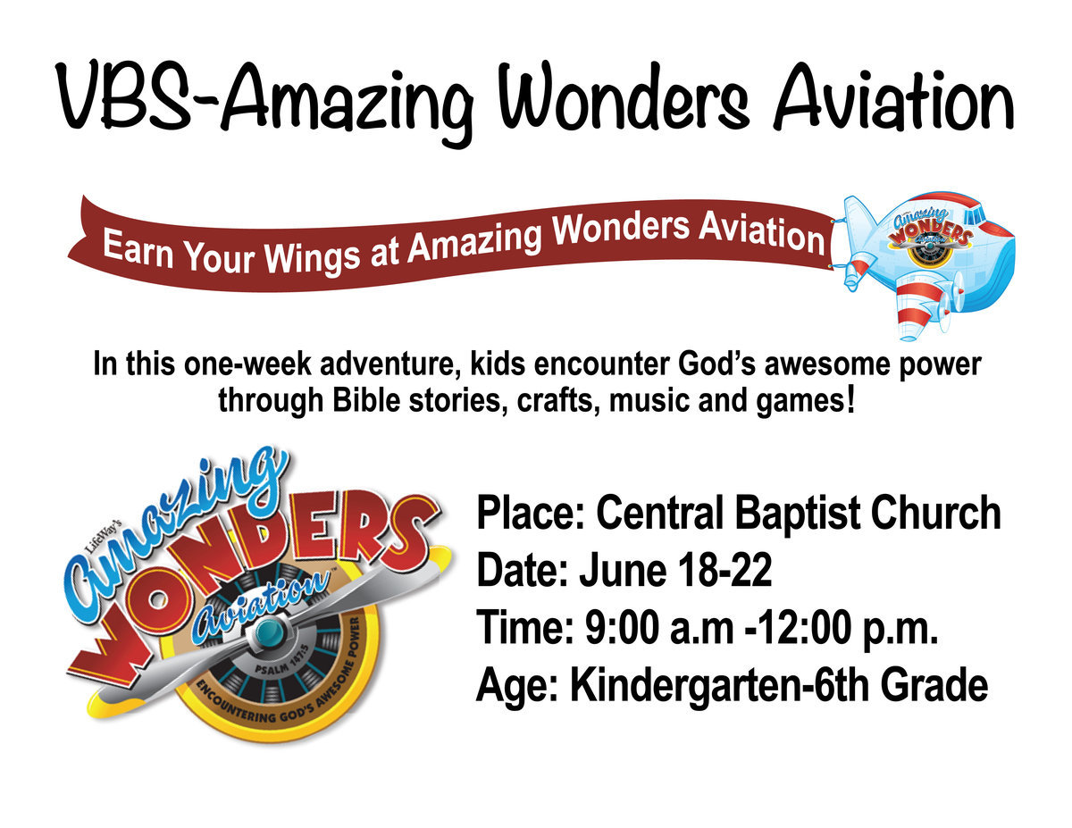 Image: Kindergarten-6th Graders are invited to earn their wings through God’s awesome power during Vacation Bible School-Amazing Wonders Aviation hosted by Central Baptist Church of Italy, June 18-22 from 9:00 a.m to 12:00 p.m.