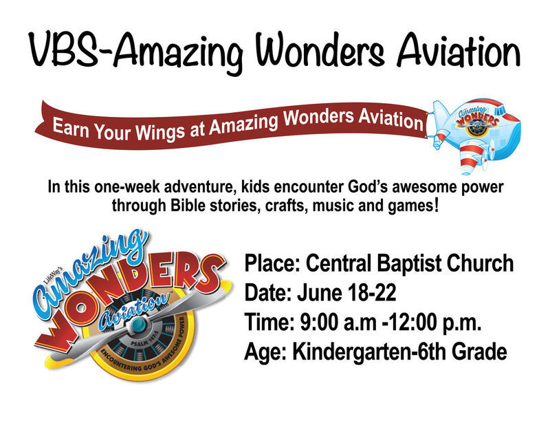 Image: Kindergarten-6th Graders are invited to earn their wings through God’s awesome power during Vacation Bible School-Amazing Wonders Aviation hosted by Central Baptist Church of Italy, June 18-22 from 9:00 a.m to 12:00 p.m.
