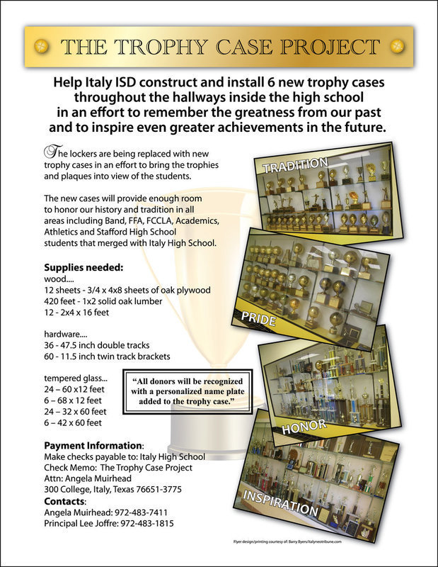 Image: “The Trophy Case Project,” will provide 6 trophy cases to replace lockers along the main hallway inside Italy High School. Donations of $100.00 or more will be recognized with a personalized name plate added to one of the trophy cases.