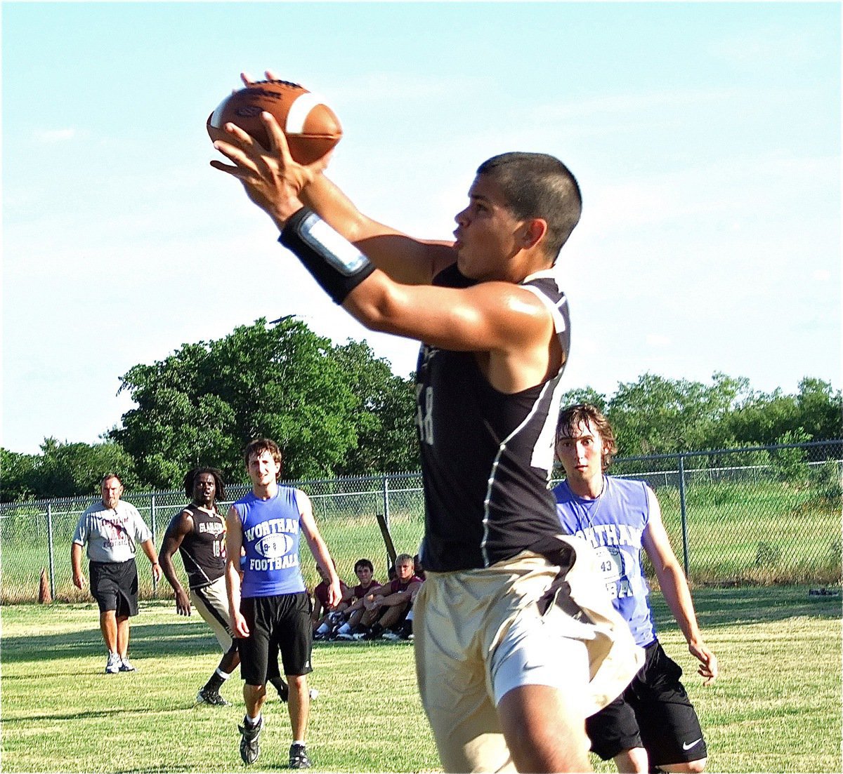 Image: Italy Gladiator Reid Jacinto leaps at the back of the end zone for a touchdown catch against Wortham.