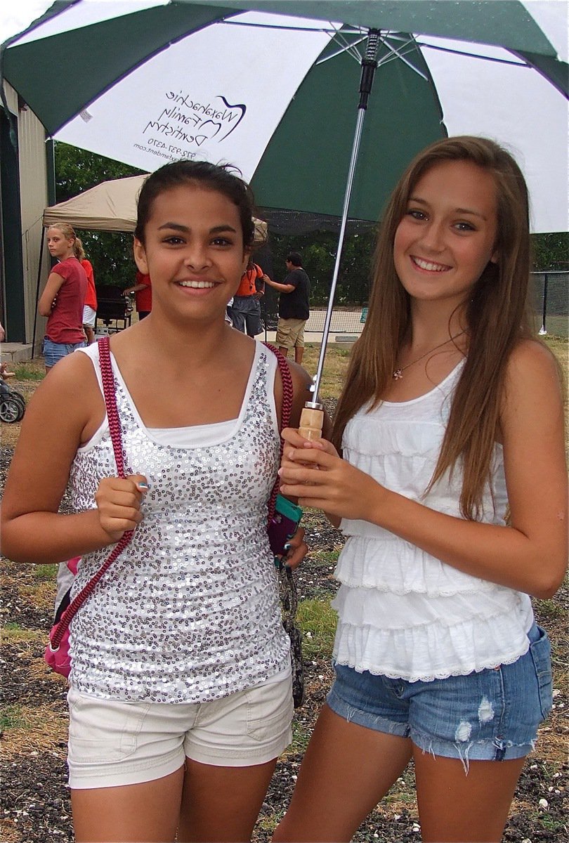 Image: Ashlyn Jacinto and Jozie Perkins share an umbrella as they prepare to watch the game.