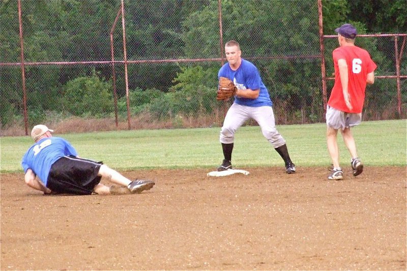 Image: Officer Shawn Martin flips the ball back to Officer Robert McFarland at second base to get Randy Boyd out.