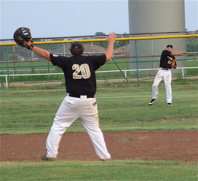 Image: Right fielding senior Zackery Boykin(12) relays the throw to Kevin Roldan(20).