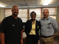Image: L-R: AD/Coach Hollywood, Coach “JK” Robinson (new Social Studies teacher and head volleyball coach) and Principal Lee Joffre