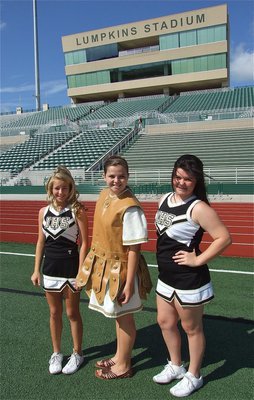 Image: Ready to be television stars are Italy Lady Gladiator Cheerleaders Britney Chambers and Bailey DeBorde accompanied by team mascot Reagan Adams.