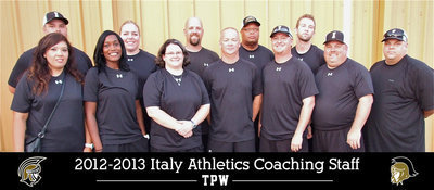 Image: The 2012-2013 Italy Athletics Coaching Staff — Back row: Brandon Duncan, Melissa Fulmer, Hank Hollywood, Larry Mayberry and Nate Skelton. Front row: Tina Richards, Jessika Robinson, Lindsey Coffman, Michael Chambers, Josh Ward, Wayne Rowe and Brian Coffman.