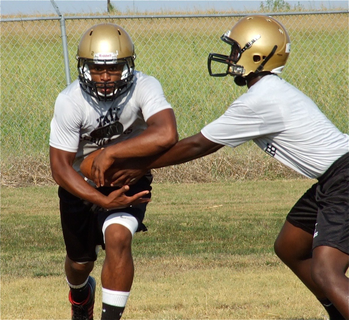 Image: Marvin Cox hands off to Jalarnce Lewis during an offensive set.