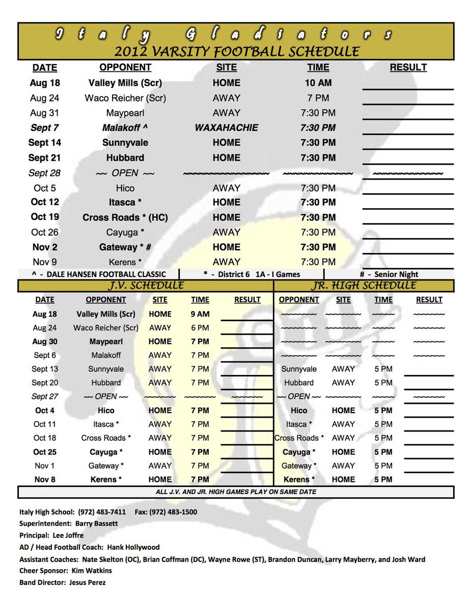 Image: 2012 Italy Gladiator Football Schedule for Varsity, JV and Jr. High players.