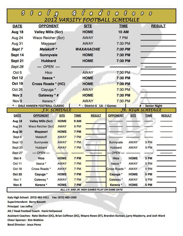 Image: 2012 Italy Gladiator Football Schedule for Varsity, JV and Jr. High players.