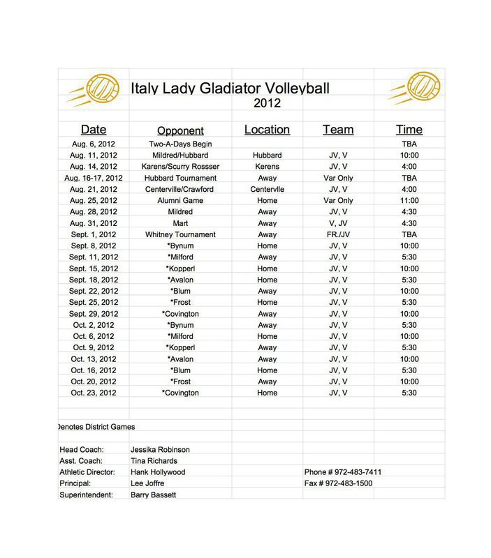 Image: 2012 Italy Lady Gladiator Volleyball Schedule for Varsity and JV players. – updated 8/16/12