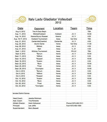 Image: 2012 Italy Lady Gladiator Volleyball Schedule for Varsity and JV players. – updated 8/16/12