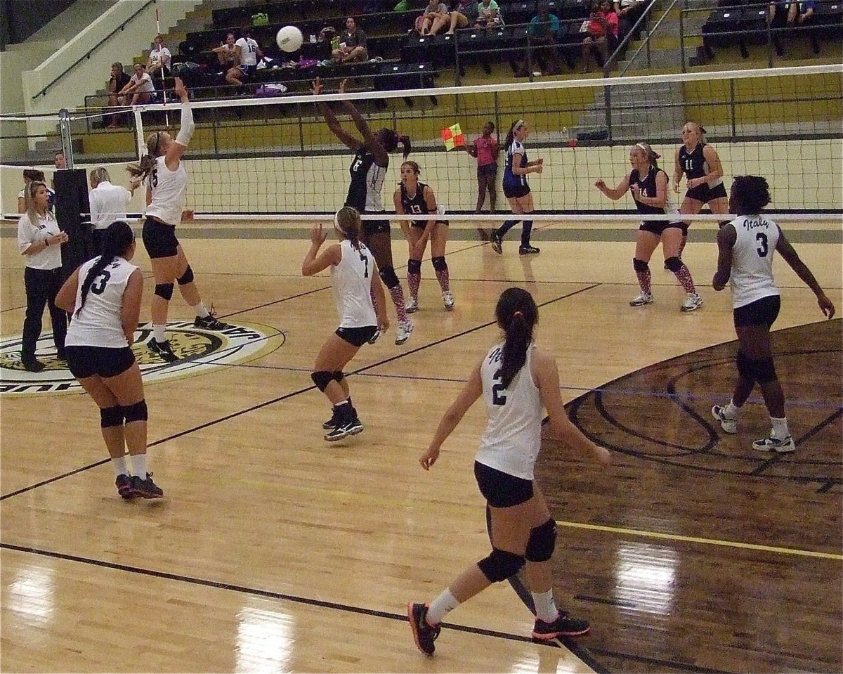 Image: Lady Gladiator Jaclynn Lewis(15) tries to score over a Hubbard blocker.