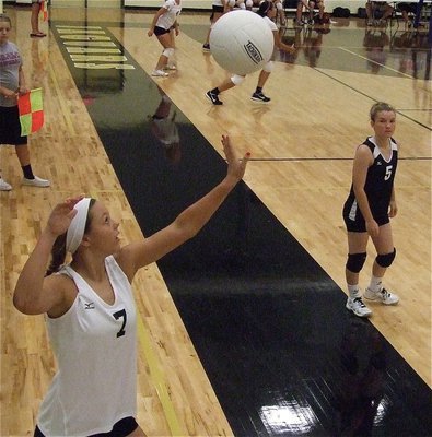 Image: Tara Wallis(5) readies for a Bailey Eubank(7) serve against the Rice Lady Owls during the Hubbard Volleyball Tournament.