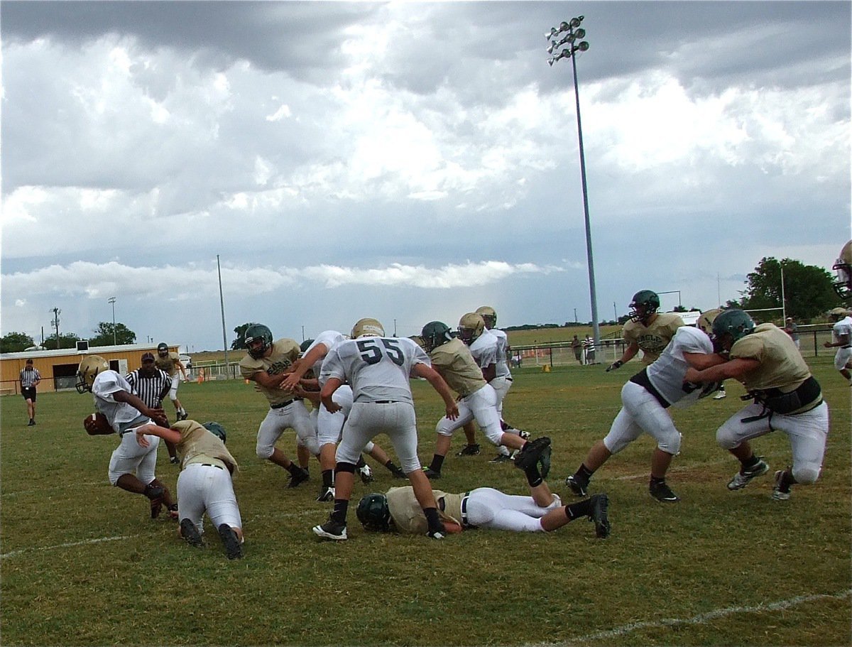 Image: Jalarnce Jamal Lewis(21) gets help from his offensive line to break tackles and gain yards.